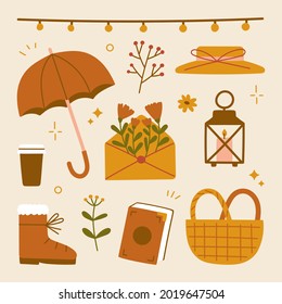 Cute hygge autumnal scrapbook home cozy elements for party, harvest festival or thanksgiving day. Hat Umbrella Flowers Envelope Candle Lantern Picnic Basket Books Coffee Shoes Hanging Light