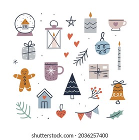 Cute Hygge Christmas set - mug, candles, tree, gift, gingerbread man, snow globe, small home, bell. Hand drawn vector illustration. Cozy Winter elements collection.