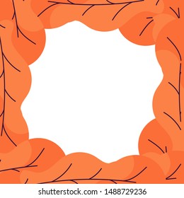 Cute hygge frame template with orange autumn leaves and copy space. White background. Flat style illustration. Vector.