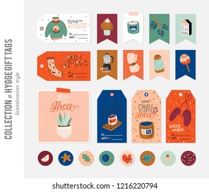 Cute Hygge gift labels and tags with autumn and winter elements. Isolated on white background. Motivational typography of hygge quotes. Scandinavian style illustration. Vector