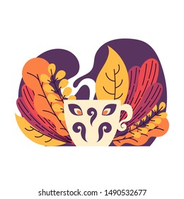 Cute hygge illustration with a cup of hot beverage and autumn leaves. White background. Flat style illustration. Vector.