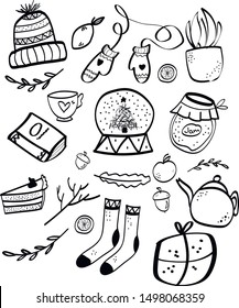 cute hygge line doodle elements illustrations, autumn, winter, scandinavian style, stikers