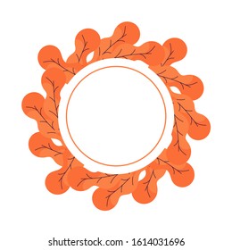 Cute hygge round frame template with orange autumn leaves and copy space. White background. Flat style illustration. Vector.