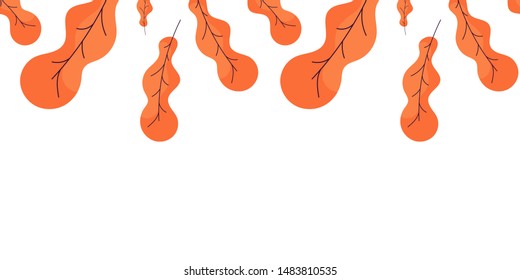 Cute hygge seamless banner template with orange autumn leaves and copy space. White background. Flat style illustration. Vector.