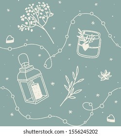 Cute hygge seamless pattern. Hand drawn elements in scandinavian style. Vector illustration.