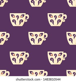 Cute hygge seamless pattern with mugs. Violet background. Flat style illustration. Vector.