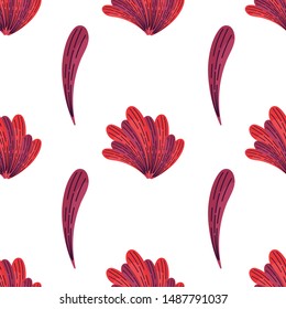 Cute hygge seamless pattern with red autumn leaves. White background. Flat style illustration. Vector.