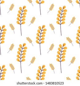 Cute hygge seamless pattern with yellow autumn leaves. White background. Flat style illustration. Vector.