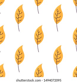 Cute hygge seamless pattern with yellow autumn leaves. White background. Flat style illustration. Vector.