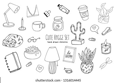 Cute Hygge Set. Vector set of hygge elements. Hygge means coziness in Danish. Hand drawn doodle objects. Cozy things isolated on a white background. Can be used for greeting cards, posters, stickers.