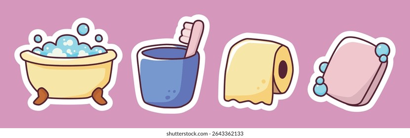 Cute hygiene and bathroom essentials sticker set featuring a bathtub with bubbles, toothbrush in cup, toilet paper roll, and soap bar with foam