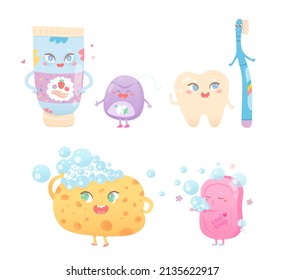 Cute hygiene characters set vector illustration. Cartoon funny toothpaste, toothbrush and dental floss to brush teeth, kawaii bubble soap and washcloth for washing baby in bathroom isolated on white