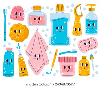 Personajes de higiene linda piel, productos dentales y de cuidado de la salud y cosméticos conjunto ilustración vectorial. Divertida esponja animada, jabón, toalla, cepillo de dientes, pasta de dientes, crema, aceite esencial y enjuague bucal