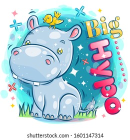 Cute Hypothalamus playing with The Yellow Bird.Colorful Cartoon Illustration. Vector eps.10