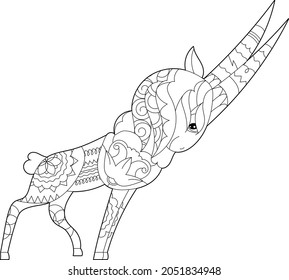 Cute ibex. Doodle style, black and white background. Funny animal, coloring book pages. Hand drawn illustration in zentangle style for children and adults, tattoo.