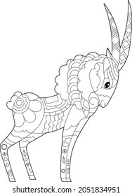 Cute ibex. Doodle style, black and white background. Funny animal, coloring book pages. Hand drawn illustration in zentangle style for children and adults, tattoo.