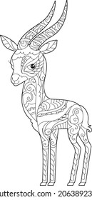 Ibex. Doodle-Stil, schwarz-weißer Hintergrund. Hübsches Tier, farbige Buchseiten. Handgezeichnete Illustration im zentangle-Stil für Kinder und Erwachsene, Tattoo.