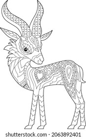 Ibex. Doodle-Stil, schwarz-weißer Hintergrund. Hübsches Tier, farbige Buchseiten. Handgezeichnete Illustration im zentangle-Stil für Kinder und Erwachsene, Tattoo.