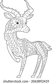 Cute ibex. Doodle style, black and white background. Funny animal, coloring book pages. Hand drawn illustration in zentangle style for children and adults, tattoo.