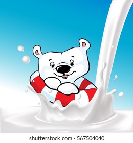 cute ice bear swim on milk splash - vector illustration