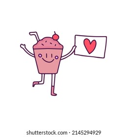 Cute ice chocolate drink mascot holding love sign, illustration for t-shirt, sticker, or apparel merchandise. With doodle, retro, and cartoon style.