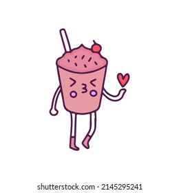 Cute ice chocolate drink mascot with kiss face, illustration for t-shirt, sticker, or apparel merchandise. With doodle, retro, and cartoon style.