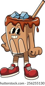 Cute Ice Coffee Cartoon Character in Retro 70s Illustration