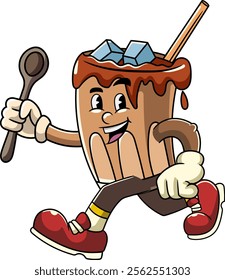 Cute Ice Coffee Cartoon Character in Retro 70s Illustration