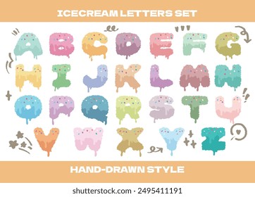 Cute ice cream alphabet typography vector set for school colorful letters set.Comic cartoon style cute alphabet letter for kids learning. Preschool, Summer symbol Hand drawn style ABC chart Typography