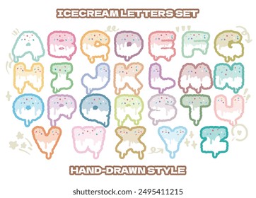 Cute ice cream alphabet typography vector set for school colorful letters set.Comic cartoon style cute alphabet letter for kids learning. Preschool, Summer symbol Hand drawn style ABC chart Typography