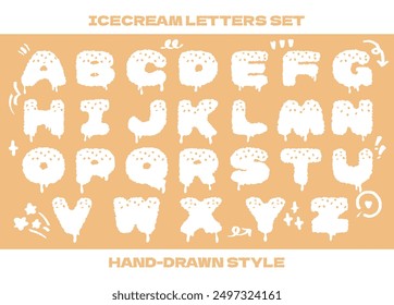 Cute ice cream alphabet typography vector set for school colorful letters set.Comic cartoon style cute alphabet letter for kids learning. Preschool, Summer symbol Hand drawn style ABC chart Typography