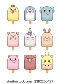 Cute ice cream with animal face. Summer time. Kawaii unicorn, bear, cat, bunny and giraffe. Hand drawn style. Vector drawing. Collection of design elements.