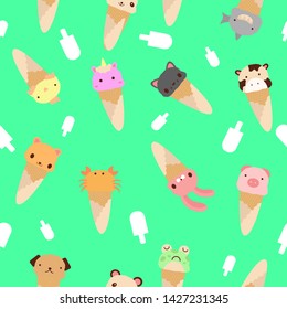 cute ice cream animal  waffle cone  pattern green panda cow rabbit cat frog crab shark dog unicorn pig chicken