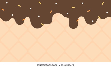 Cute Ice Cream Background with Chocolate Sauce, Colorful Sprinkles Seamless Upper Border on Waffle Cone Background. Flat Vector Illustration.