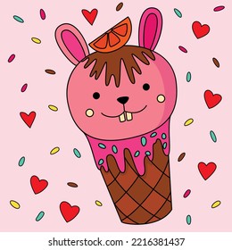 Cute ice cream bunny shape ice cream coloring artwork vector flat illustration