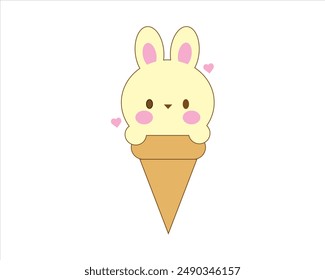 Cute ice cream in bunny shape. Dessert, sweet, cartoon, cute, melt, summer, beach, cone, food and vector.