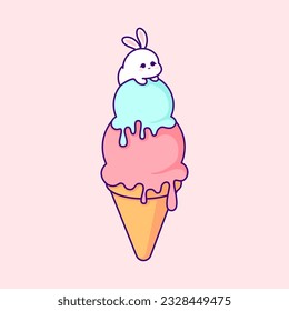 Cute Ice Cream with Bunny. Vector Clip Art Illustration. Delightful vector clip art illustration showcasing a cute ice cream with a bunny in bright colors, inspired by the kawaii style.