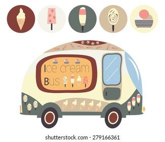 Cute ice cream bus with different ice cream icons