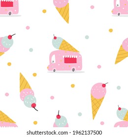Cute  ice cream car. Cute cartoon prints. Pink hand drawn ice cream - Vector illustration. Seamless pattern

