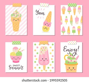 Cute Ice Cream Cards Set With Hand Lettering Quotes. Ice Cream Birthday Party. Summer Postcards. Kawaii Cartoon Style. Vector Illustration.