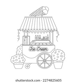 Cute ice cream cart coloring page line art  Summer street food black   white outline  Gelato shop take away ice cream stand and signboard  gelato trays  cones  menu sign  pot flowers  pennants  