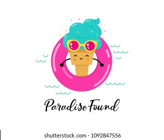 Cute Ice cream cartoon character in the pool on pink float. Summer fun vector poster, banner and social media story design.
