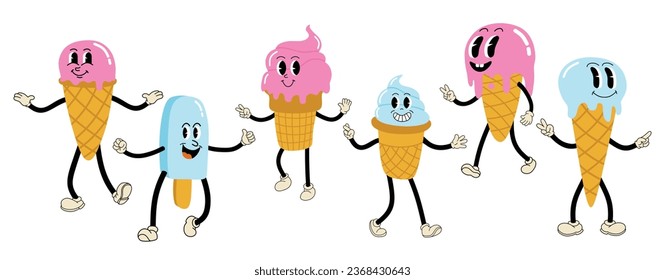 Cute ice cream cartoon character set.