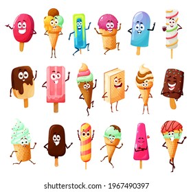 Personajes de dibujos animados de helados de helados de sabor vectorial de la comida de postre de verano. Conos de helados de helado de chocolate con cuchara de vainilla, sándwich y helado de chocolate, gelato, sundae, sorbete y paleta con emociones felices