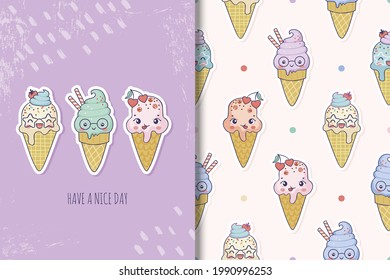 Cute ice cream cartoon characters. Card and seamless patterns for summer days. Kids surface design