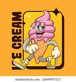 Cute Ice Cream Cartoon Characters in Retro 70s Illustration