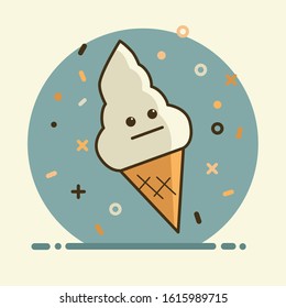 Cute ice cream with cartoon face in a waffle cup. Flat style. Muted colors. Bold brown stroke. Nice blue background.
