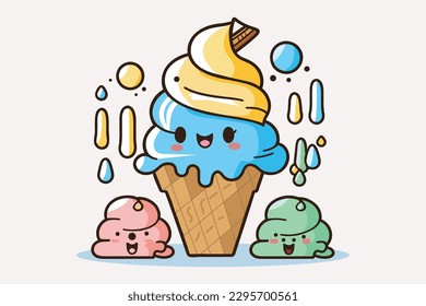 Cute Ice Cream Cartoon line art vector Icon illustration, Food drink Flat Cartoon Concept Pro Vector, Ice Cream Cartoon, cone, cartoon ice cream, Cute Ice Cream logo