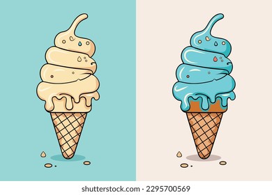 Cute Ice Cream Cartoon line art vector Icon illustration, Food drink Flat Cartoon Concept Pro Vector, Ice Cream Cartoon, cone, cartoon ice cream, Cute Ice Cream logo