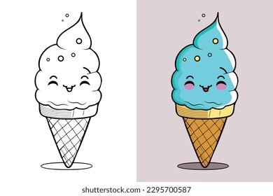 Línea de dibujos animados Cute Ice Cream Dibujo vectorial Icono Icono, Bebida alimenticia Dibujo plano Concepto Pro Vector, Dibujo crema helada, cono, helado de dibujos animados, logotipo de Crema de hielo Cute